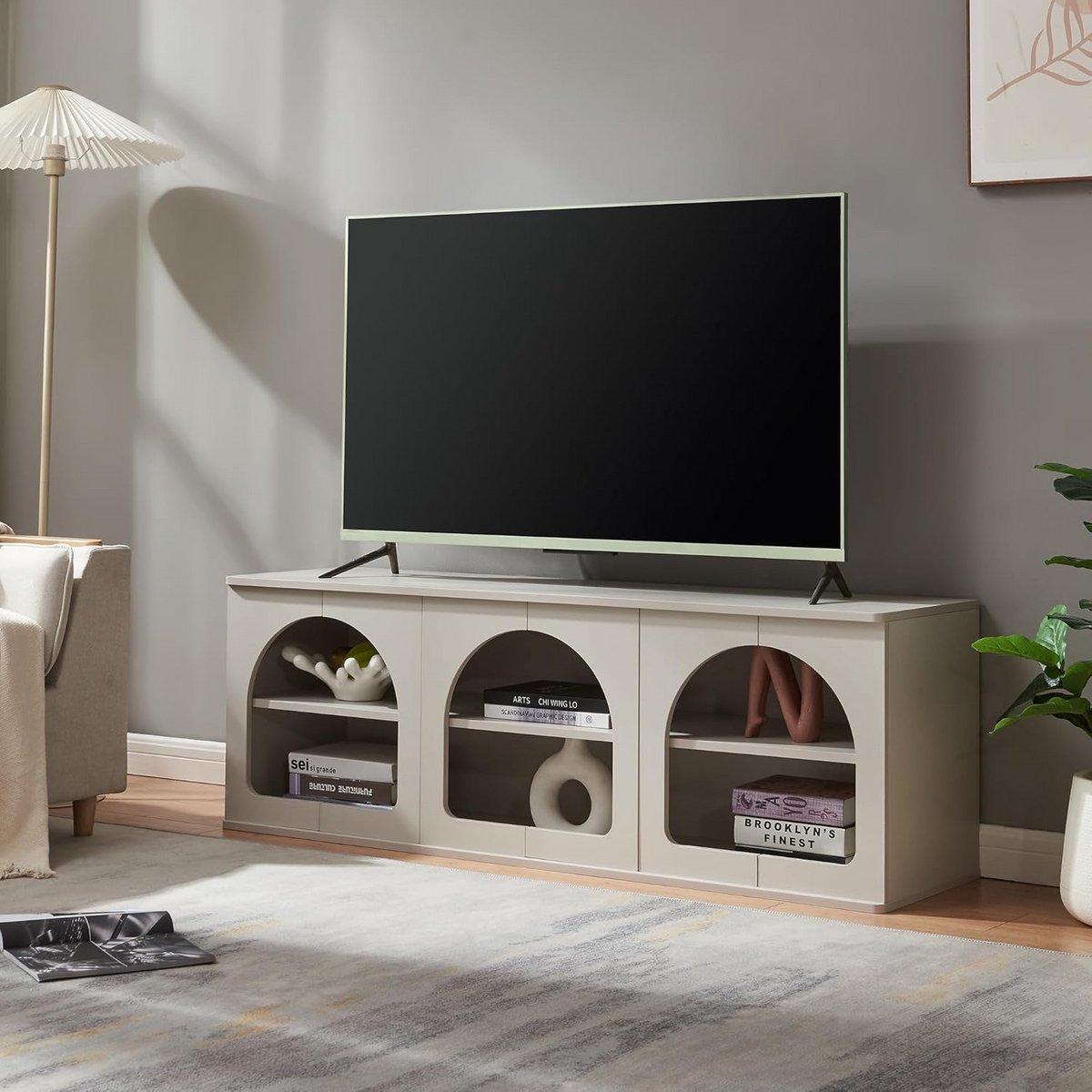 Stijlvol TV-meubel met 6 vakken en kabelmanagement 140 cm breed grijs