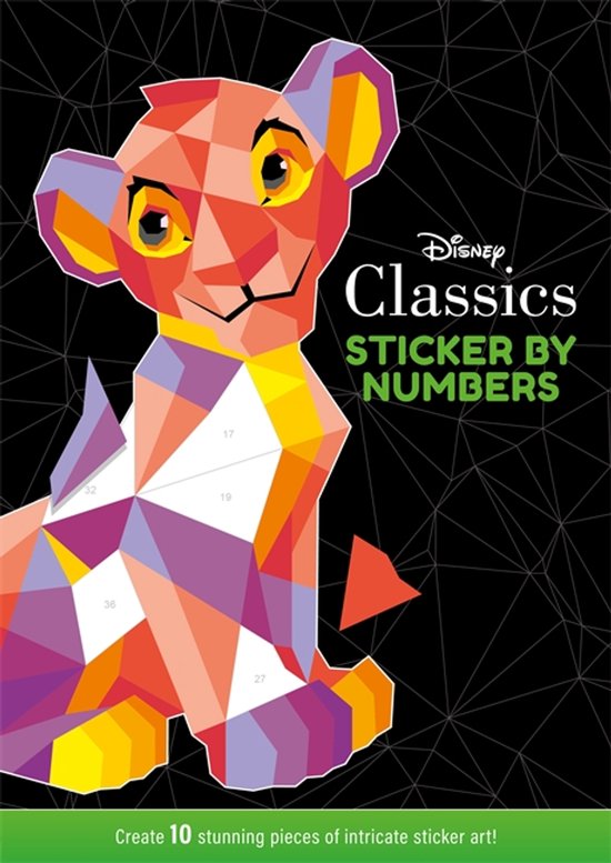 Une image géométrique et multicolore de Simba du Roi Lion, avec le texte 'Disney Classics Sticker By Numbers'.