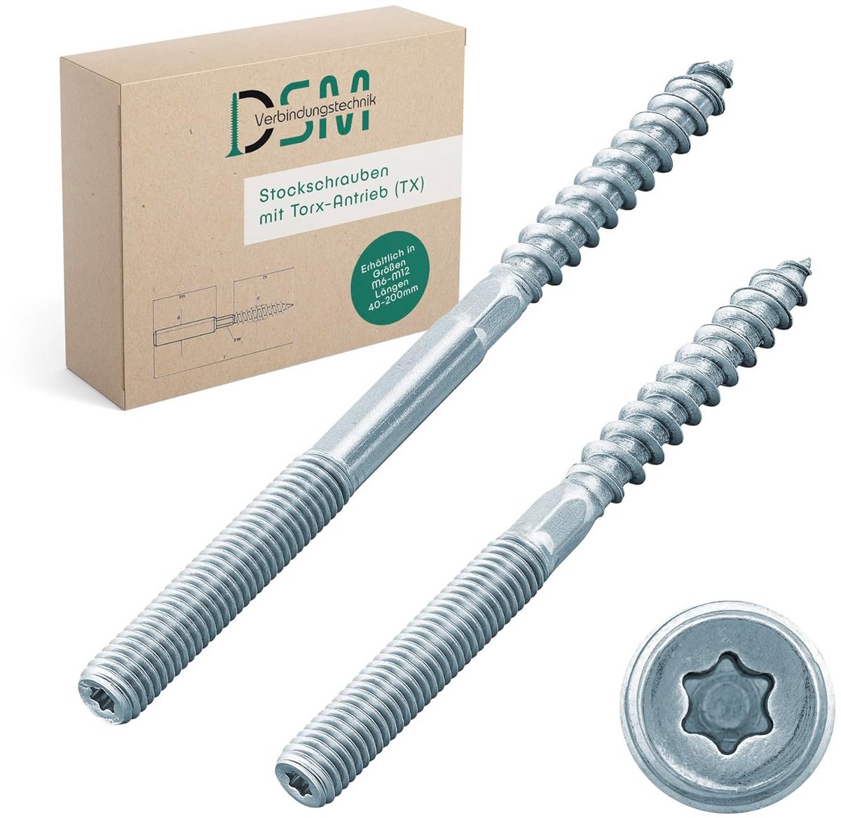 DSM? Stokschroeven M8 x 140 mm met torx-aandrijving (TX 25) verzinkt M6 - M12, schroeven met dubbele schroefdraad voor buisklemmen, SW 6 mm, houten verbindingen, buisklemmen montagemateriaal 25 stuks