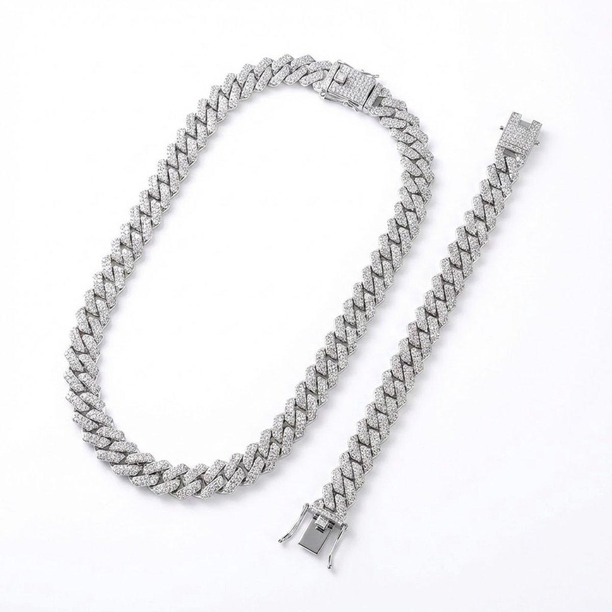 Cuban Link Sieraden set – Zilverkleurige Ketting 40CM & Armband Voor Heren