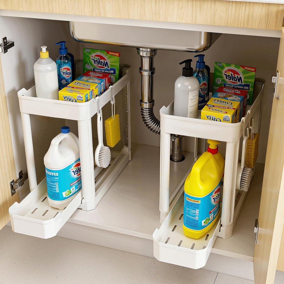 Set van 2 Keukenorganizers met Uittrekbare Lade en Haken voor Kastopslag