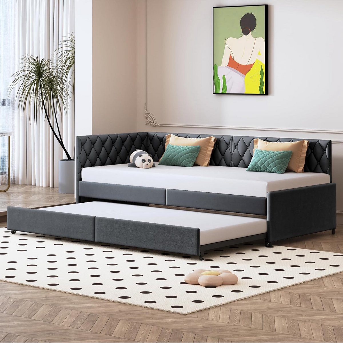 Inklapbare Slaapbank voor 2 Personen - 90/180 x 200 cm - Uitschuifbaar met Lattenbodem - Velvet Grijs