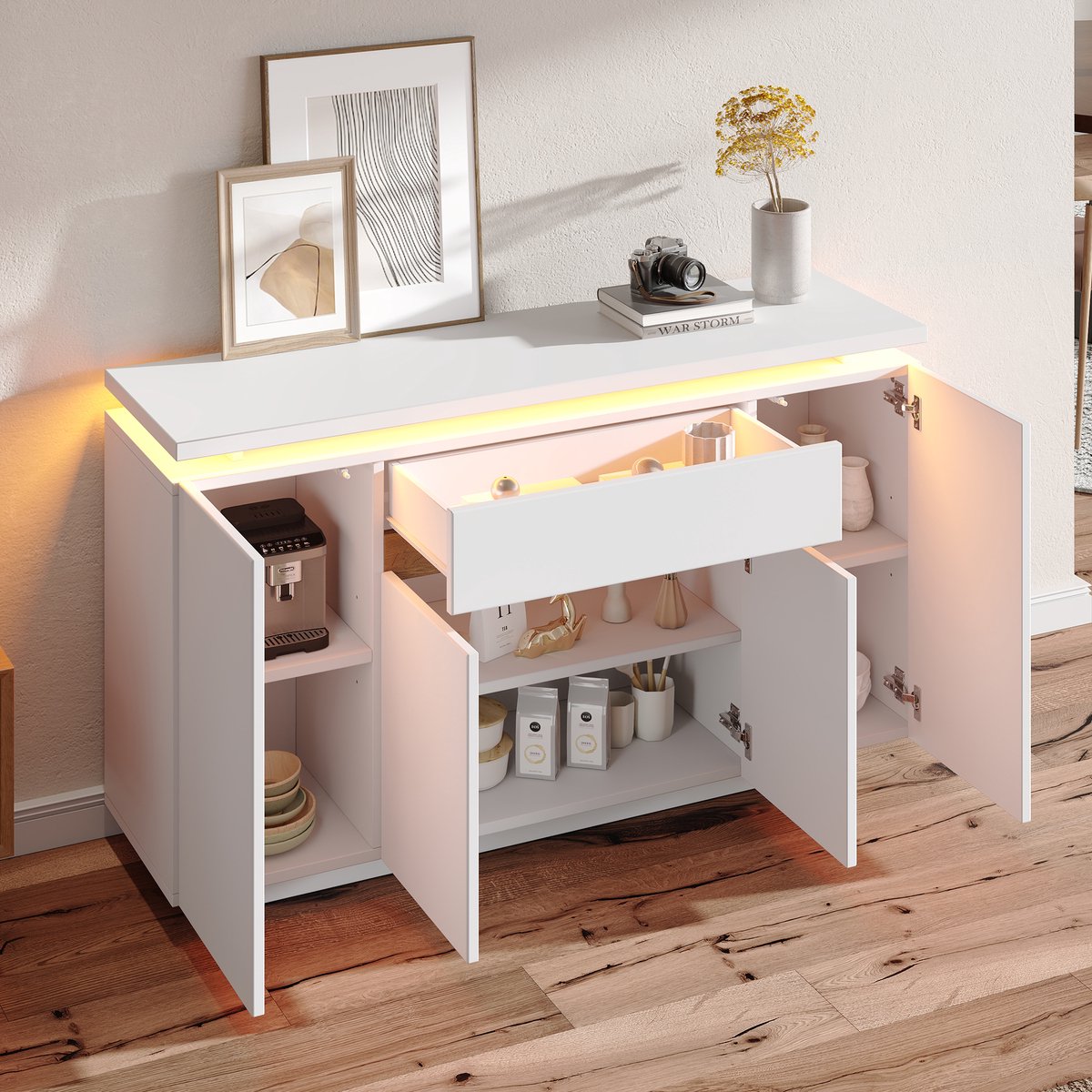 Hoekkast met LED-verlichting - opbergkast met 1 lade en 4 deuren - voor woonkamer - hal of keuken - wit - 140 x 40 x 80 cm
