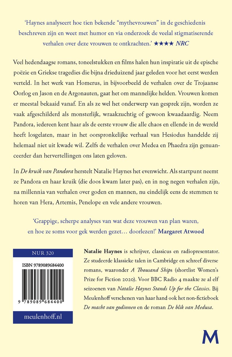 Couverture de livre avec le titre 'De kruik van Pandora', ISBN, éditeur et une courte description du contenu.