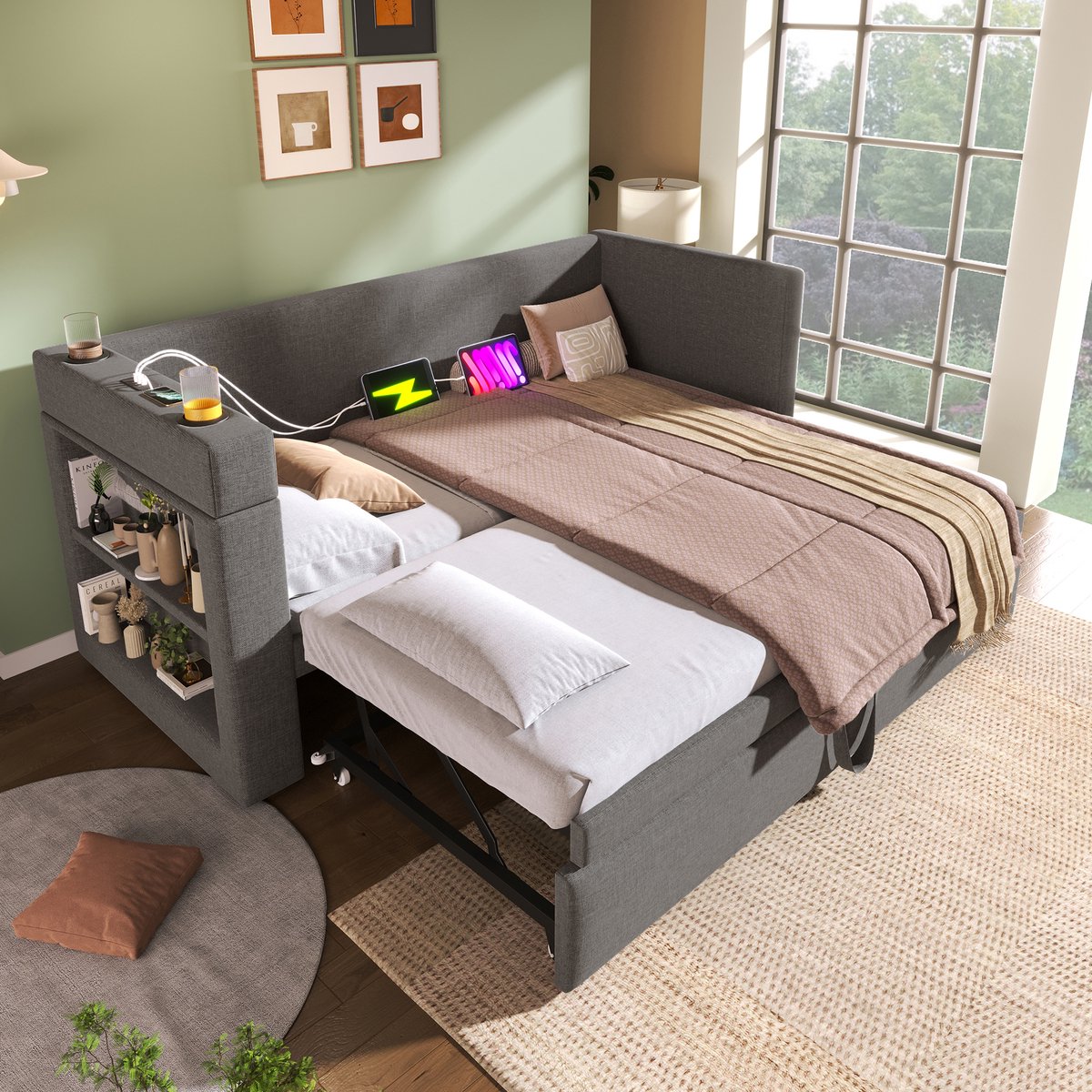 Wishdor Gestoffeerd Daybed 90x190 cm – Slaapbank met Uitschuifbed – Verwisselbare Armleuningen – USB/Type-C en Bekerhouders – Katoen-Linnen – Grijs
