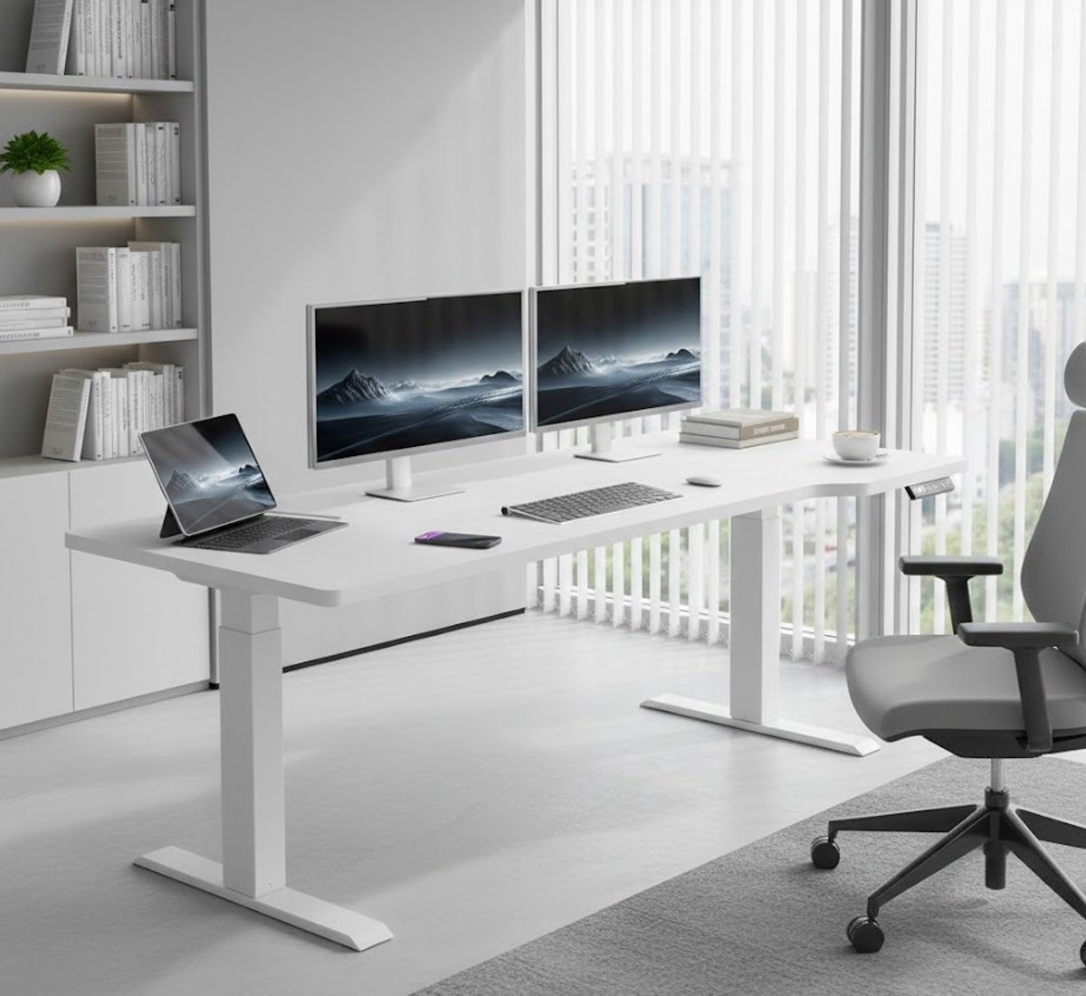 Ergonomisch Elektrisch In Hoogte Verstelbaar L-vormig Bureau – Gaming & Kantoor Desk – 160 x 70 cm – Wit – Modern Design – Tafel Met Kabelmanagement & Opberghaken A-Furniture