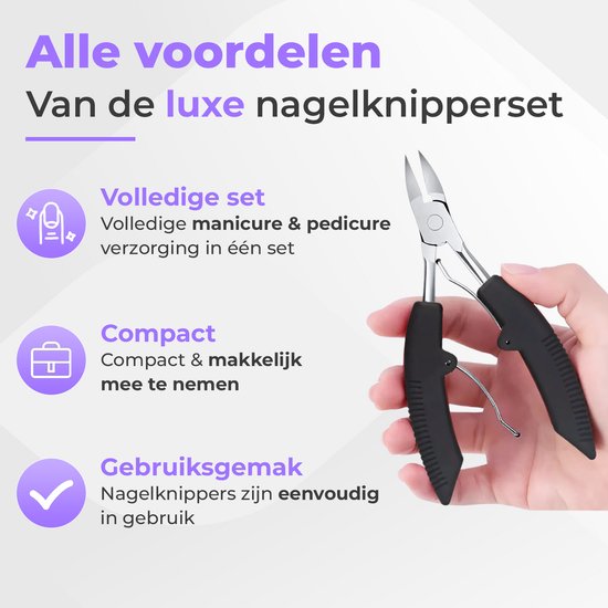 Een hand houdt een zwarte nagelknipper vast, deel van de manicure & pedicure set.