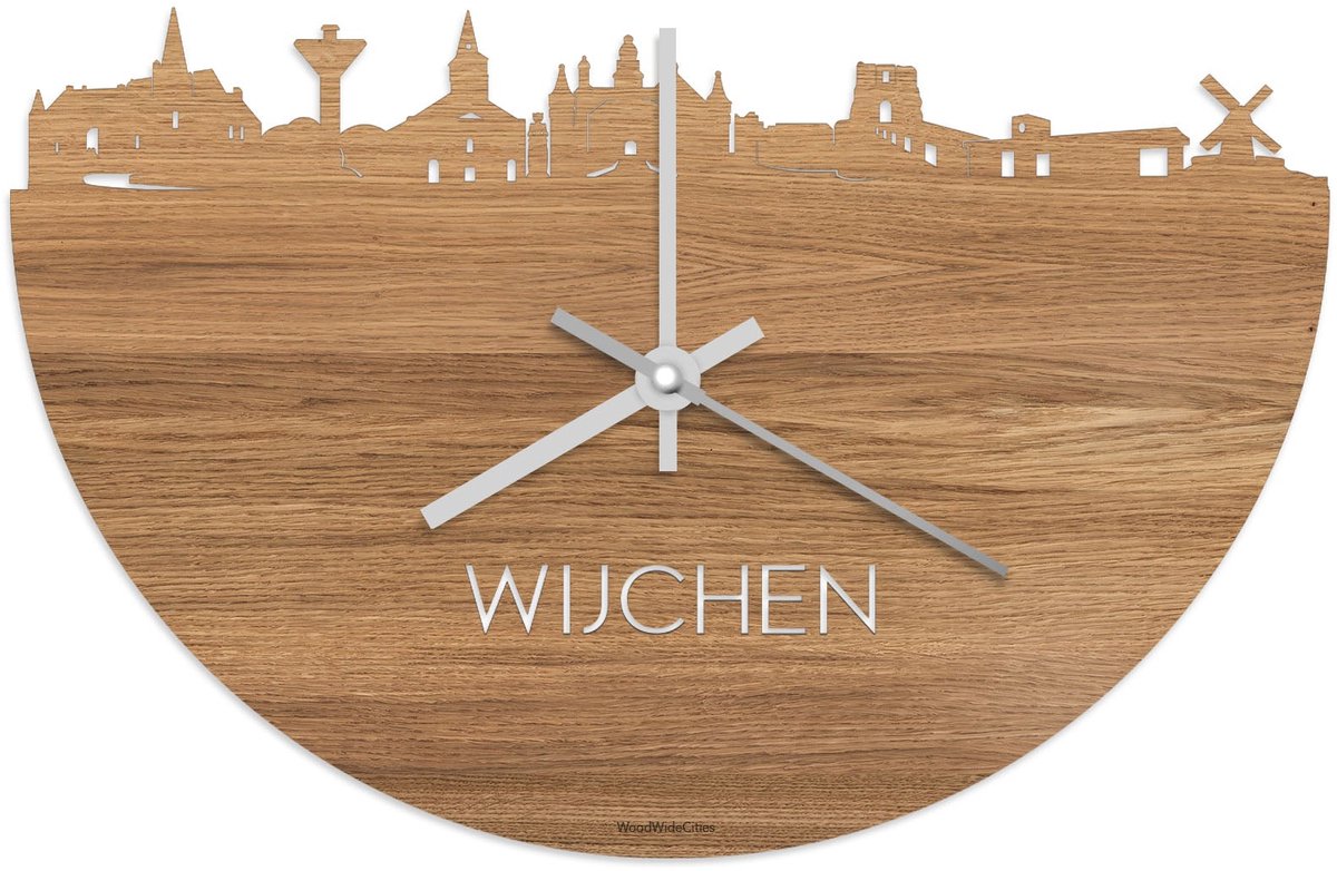 Skyline Klok Wijchen Eikenhout - Ø 40 cm - Stil uurwerk - Wanddecoratie - Meer steden beschikbaar - Woonkamer idee - Woondecoratie - City Art - Steden kunst - Cadeau voor hem - Cadeau voor haar - Jubileum - Trouwerij - Housewarming - WoodWideCities