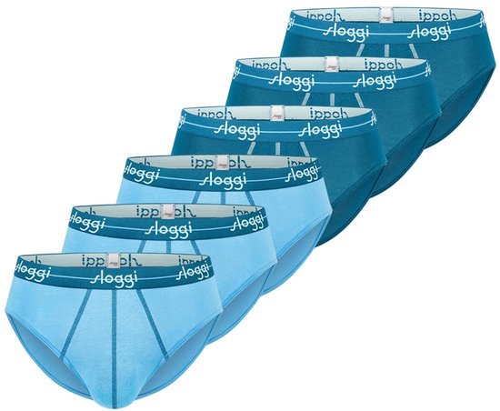 Zes Sloggi slips in blauw- en turkooistinten met tailleband met logo.