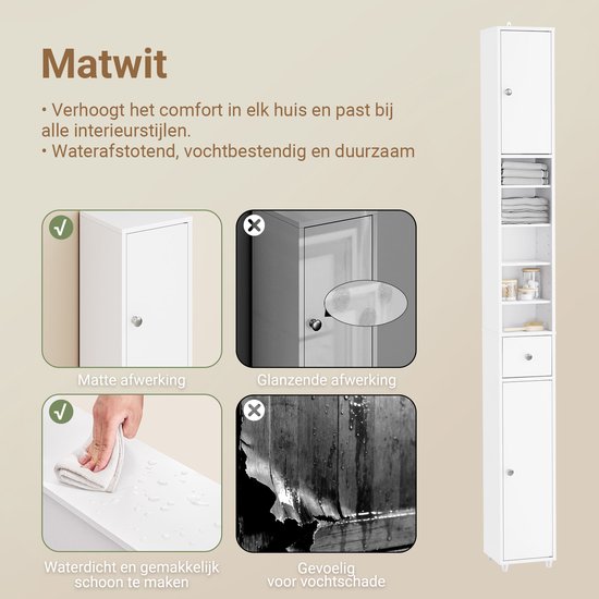 Voor- en nadelen van de matwitte afwerking van de badkamerkast, met voorbeelden van de matte en glanzende afwerking.
