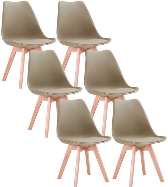 Set van zes khaki eetkamerstoelen met houten poten.