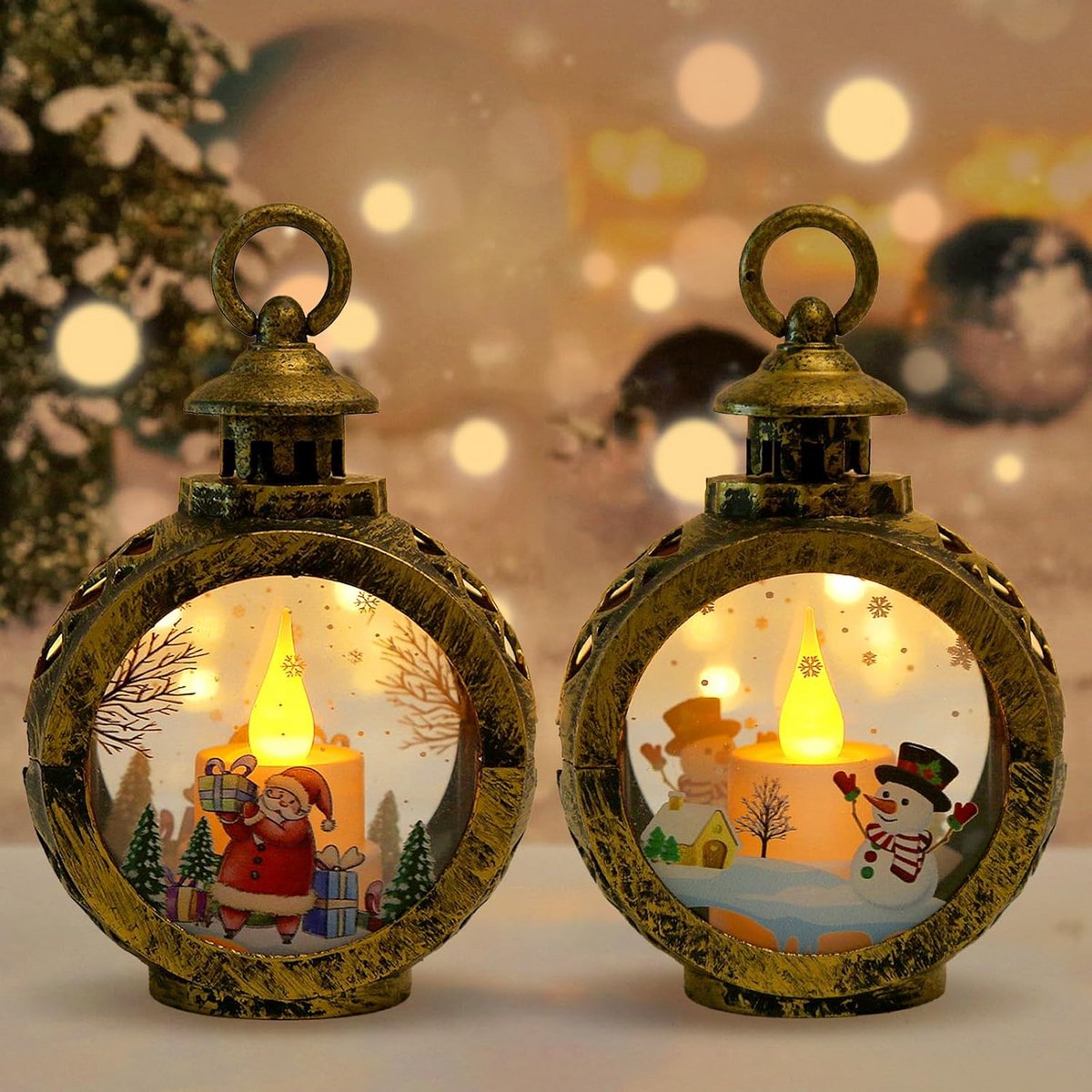 Decoratieve kerstlantaarn set van 2 met sneeuw en kerstthema voor tafeldecoratie