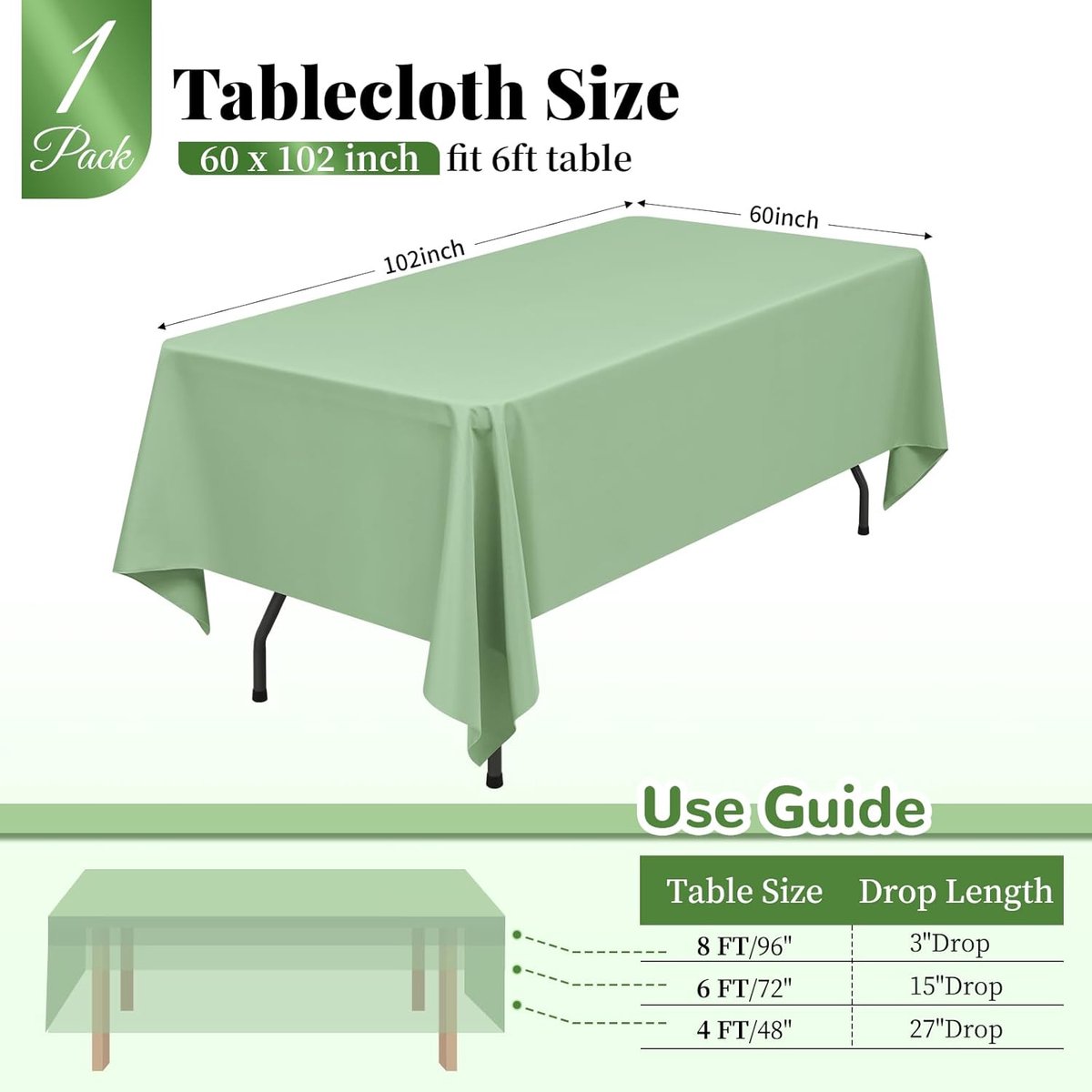 Sage Green Polyester Tablecloth 153x260cm for Weddings and Parties