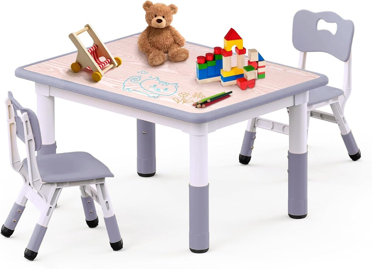 In hoogte verstelbare kindertafel met 2 stoelen voor 3-8 jaar - Speeltafel en werkplek