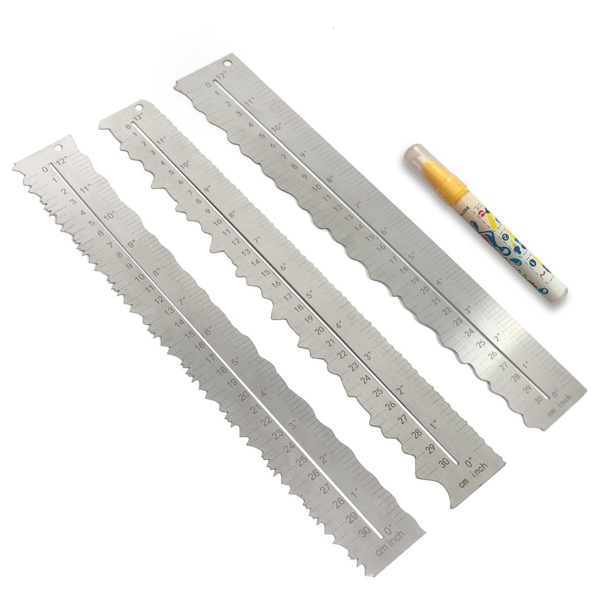 Metalen Liniaal 30 cm voor Creatief Gebruik - Golvende, Gekartelde en Onregelmatige Randen, Set van 3