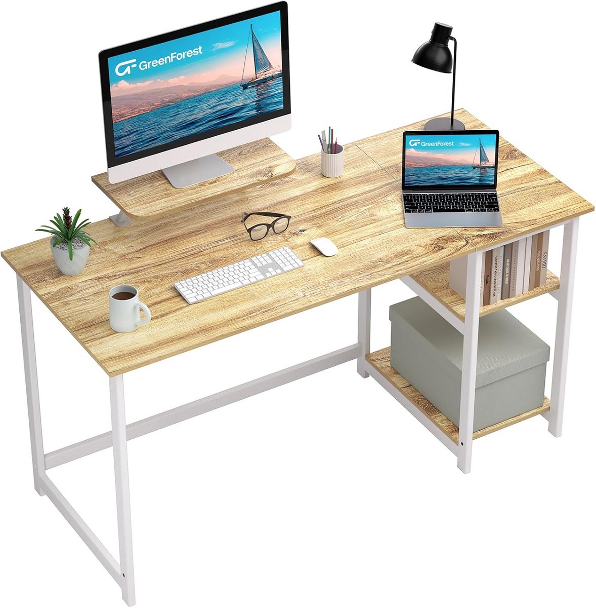 Computerbureau met Monitor Stand - 140cm Home Office Bureau voor Kleine Ruimtes - Beige