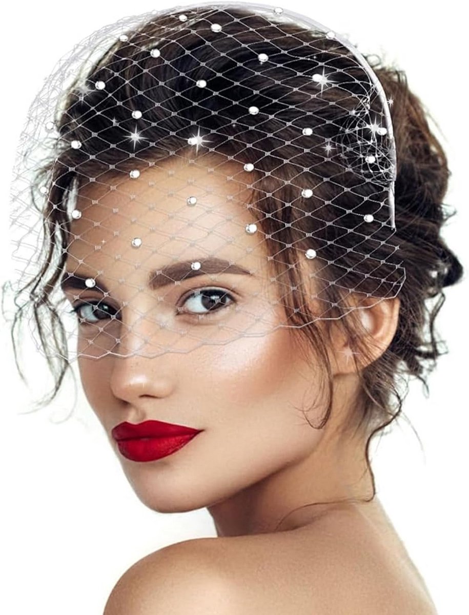 Elegante Witte Fascinator Hoofdband met Kant en Strass - Kort Bruids- en Feestaccessoire