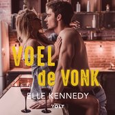 De cover van het boek 'Voel de vonk' toont een man en een vrouw die elkaar omhelzen. De titel 'Voel de vonk' staat in grote gele letters op de cover.