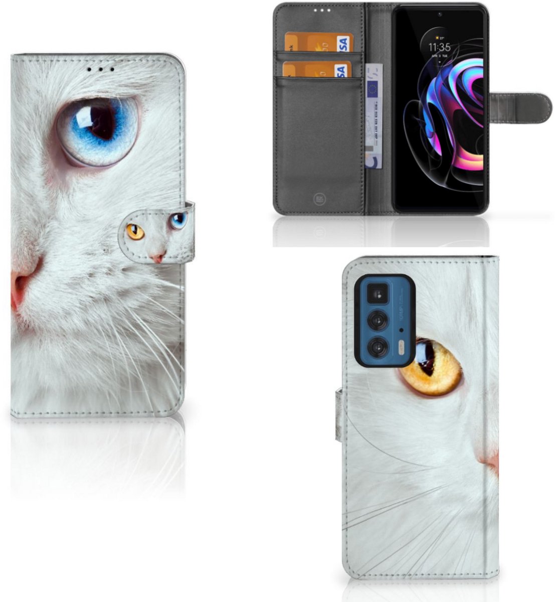 Motorola Edge 20 Pro Telefoonhoesje met Pasjes Witte Kat