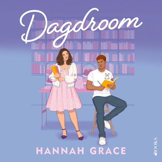 Boekcover met de titel 'Dagdroom' van Hannah Grace. Een jonge vrouw en een jonge man zitten aan een bureau in een bibliotheek.