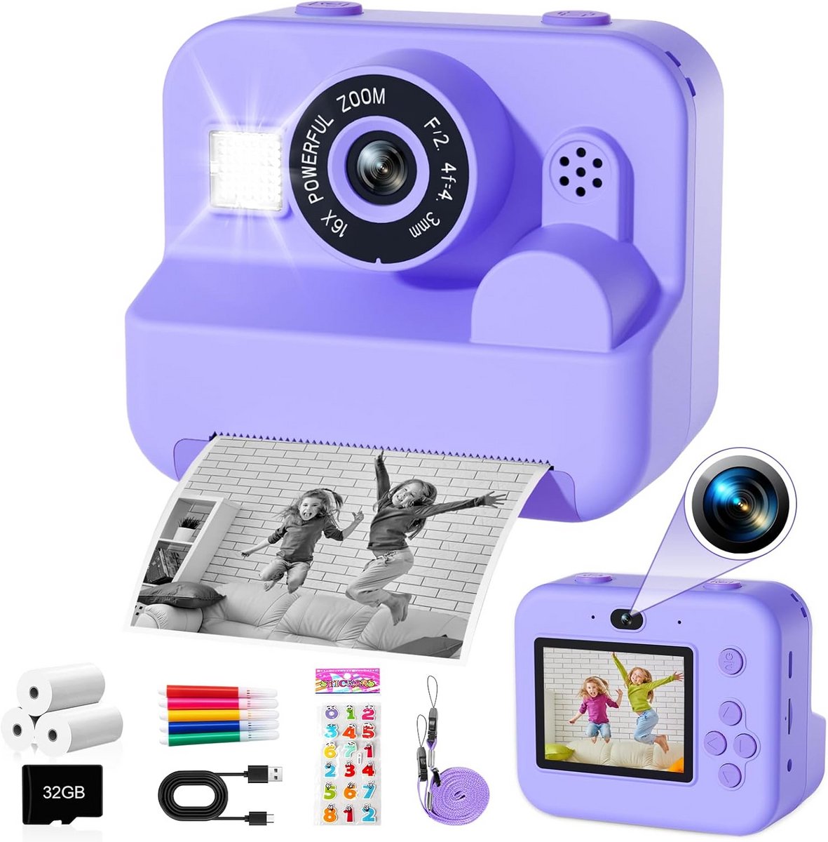 Instant camera voor kinderen - zwart-wit fotocamera met 32G TF-kaart - perfect cadeau voor 3-12 jaar