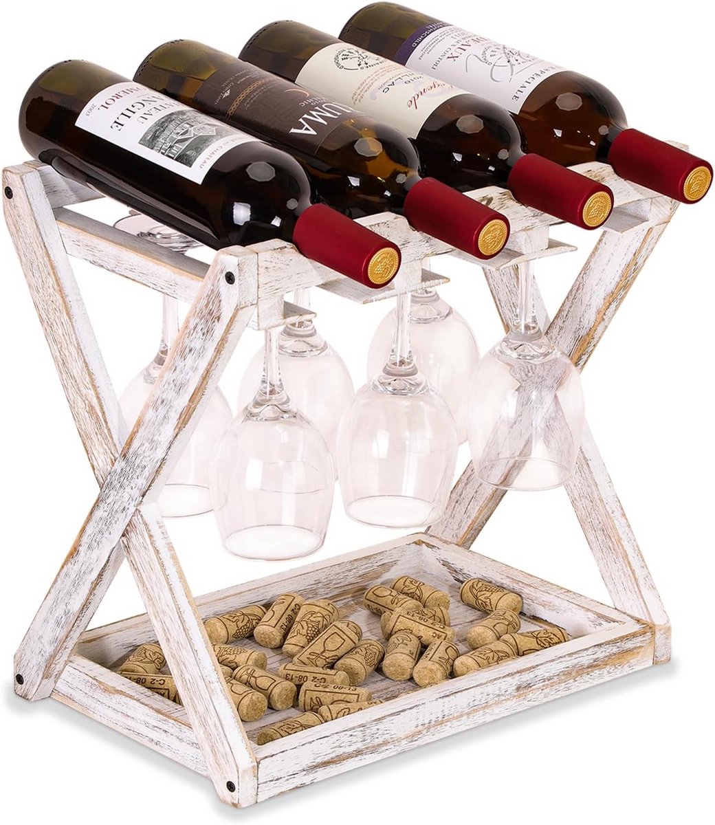 Houten wijnrekken voor 4 flessen en 6 glazen - Perfect voor huisdecoratie en cadeau