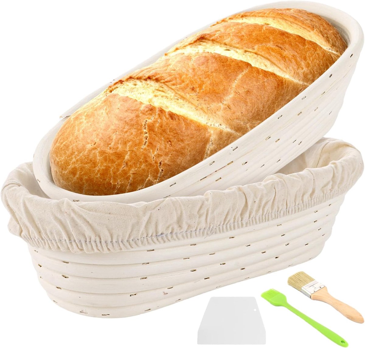 Rijsmandjes voor Brood Bakken - Set van 2, Ovaal, 30 cm met Linnen Doek en Siliconen Oliekwast