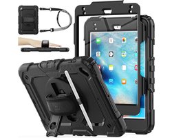 Drielaags Hybride Hoesje voor iPad Mini 5e/4e Generatie met 360° Draaibare Standaard en Handriem – Zwart