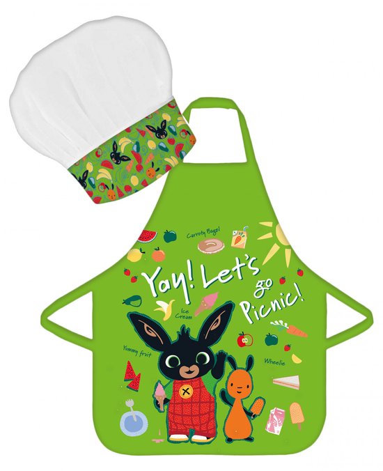 Groen schort met Bing en Flop, 'Yay! Let's go Picnic!' en fruit. Inclusief koksmuts met bananen en Bing.