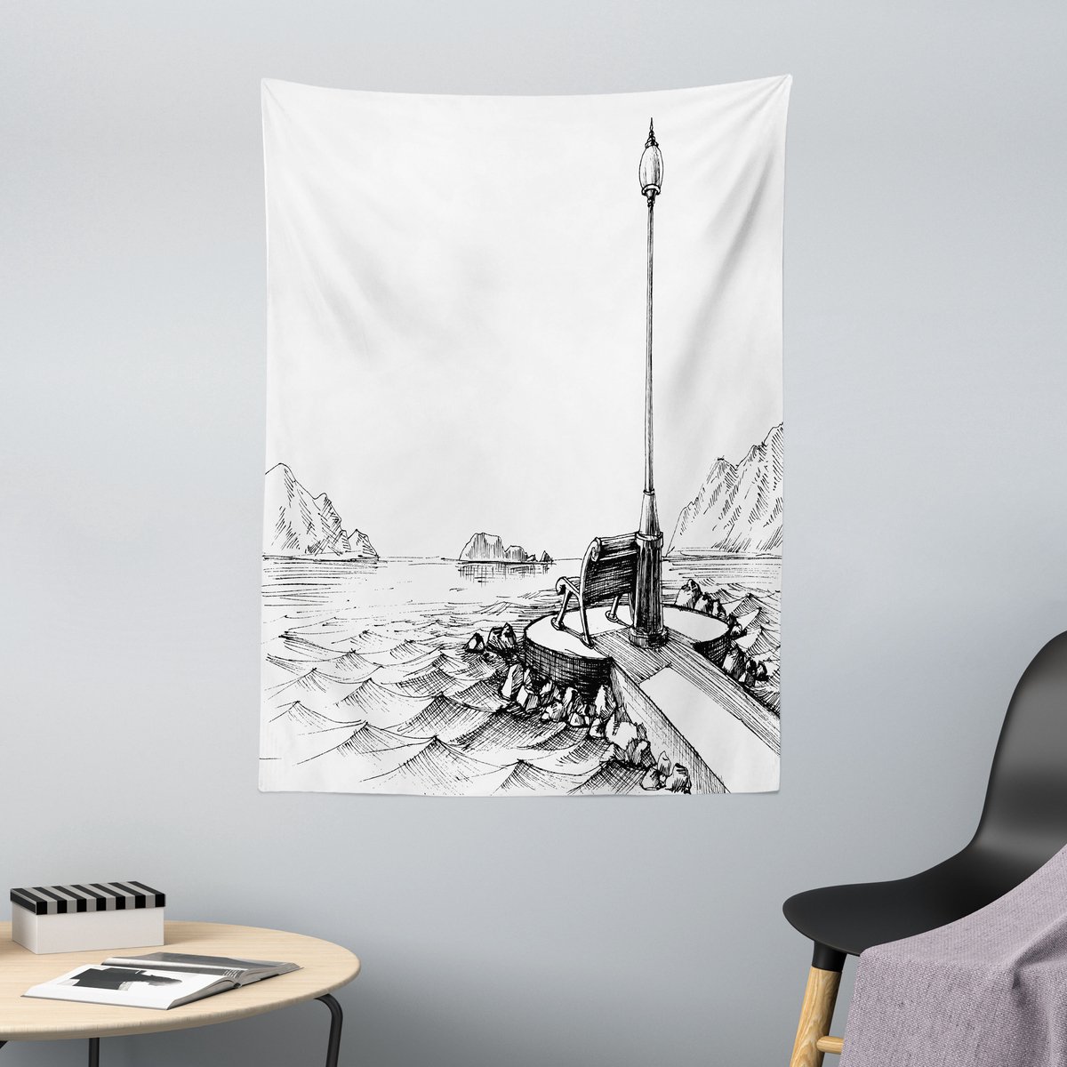 ABAKUHAUS Schetsmatig wandtapijt met bankje en lantaarn te midden van oceaangolven, bergen en rotsen, 110 x 150 cm, zwart-wit