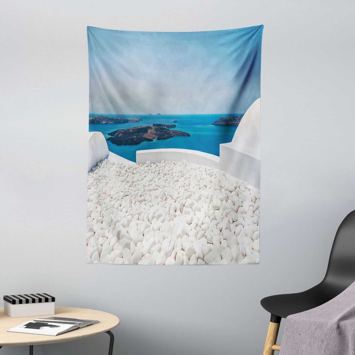 ABAKUHAUS Reiswandtapijt en sprei, Santorini-eiland, 110 x 150 cm, turquoise en wit