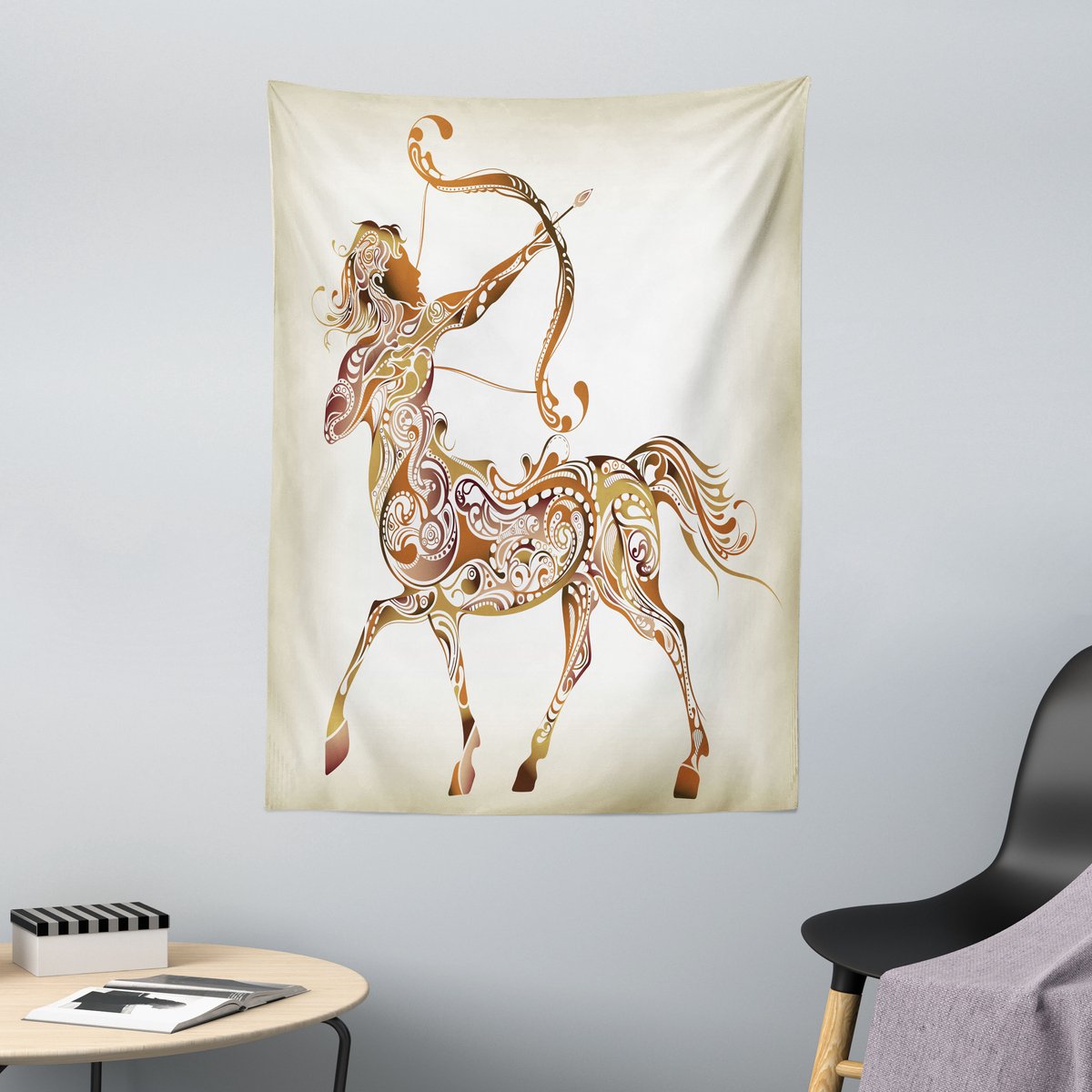 ABAKUHAUS Wandtapijt en Sprei met Boogschutter-sterrenbeeld, Centaur-patroon, 110 x 150 cm, Lichtbruin Karamel Lichtbruine karamel