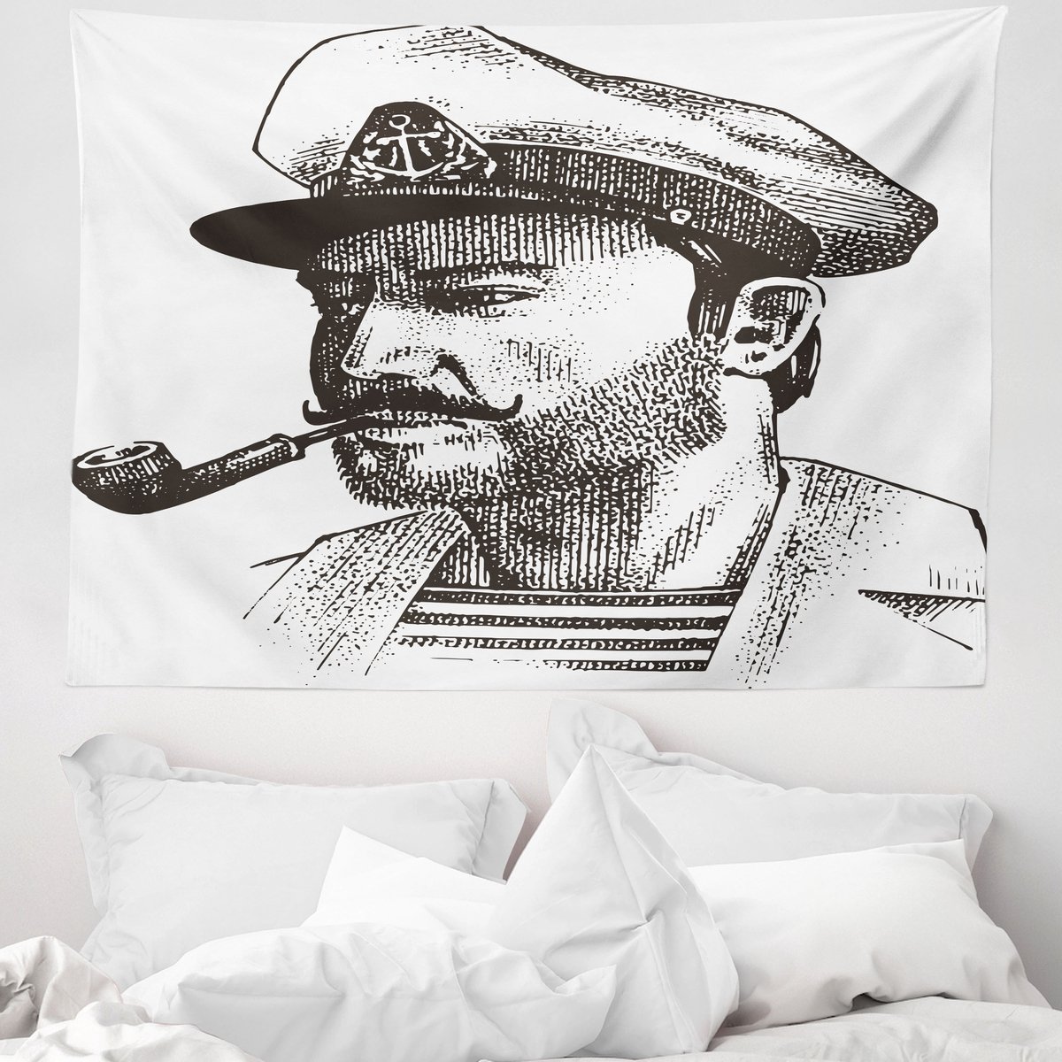 ABAKUHAUS Vintage Nautisch Tattoo Wandtapijt, Maritieme Bootsman, 150 x 110 cm, Donker Taupe Wit
