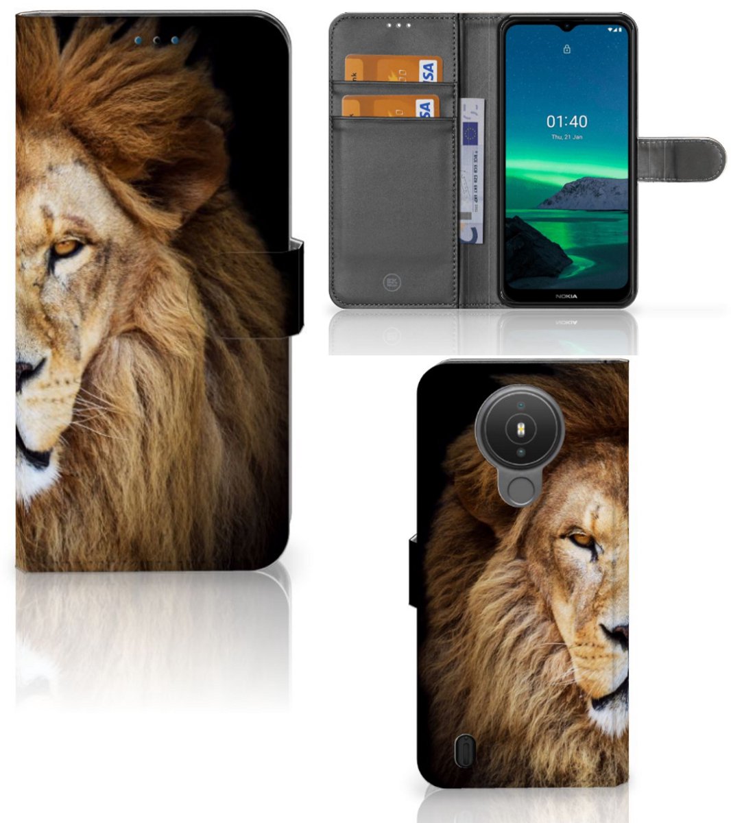 Boekhoesje voor Nokia 1.4 Telefoonhoesje met Pasjes Leeuw