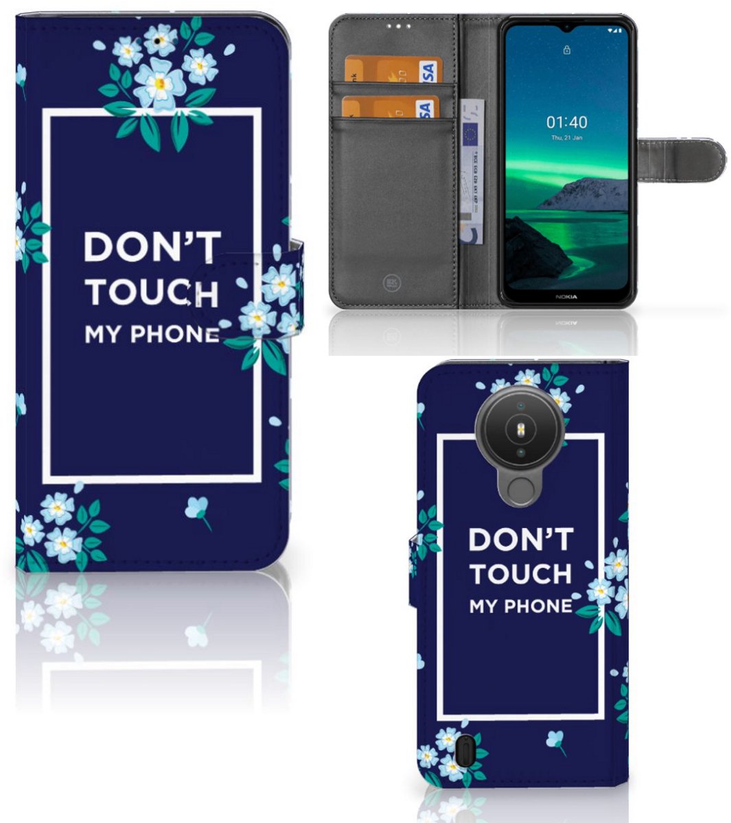 Nokia 1.4 Portemonnee Hoesje Flowers Blue DTMP