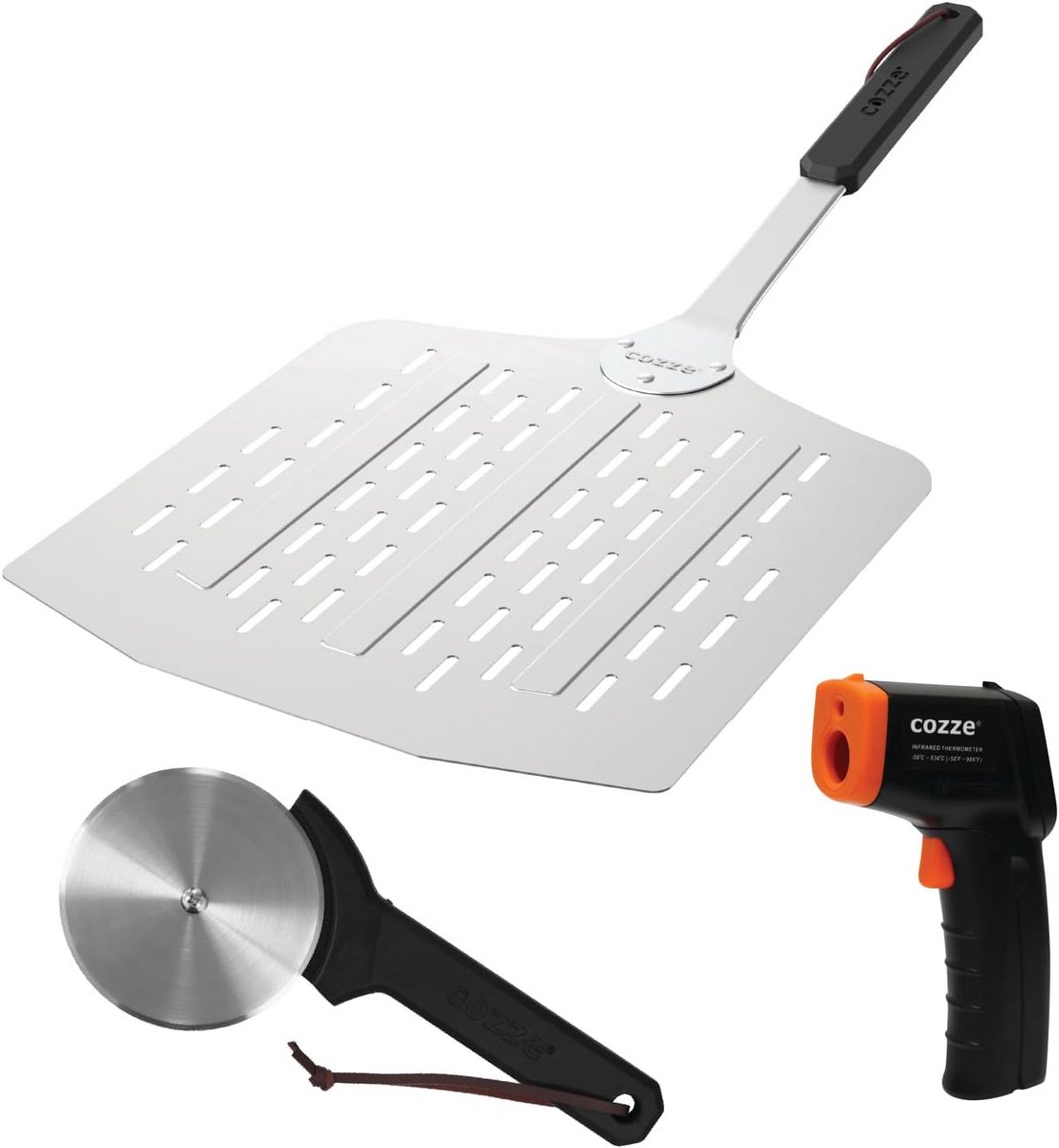 Cadeauset met Pizzaschep, Thermometer en Pizzasnijders – Luxe 3-delige Set voor Pizzaliefhebbers