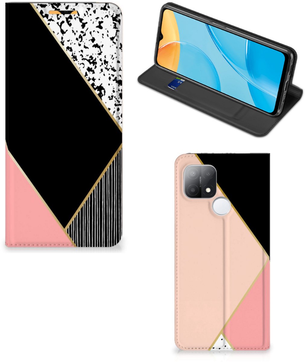 OPPO A15 Stand Case Zwart Roze Vormen