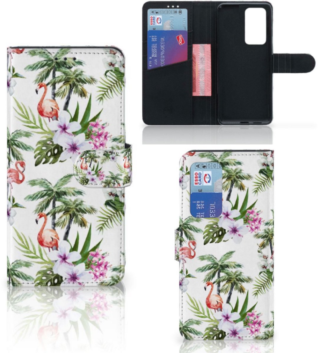 Huawei P40 Pro Telefoonhoesje met Pasjes Flamingo Palms