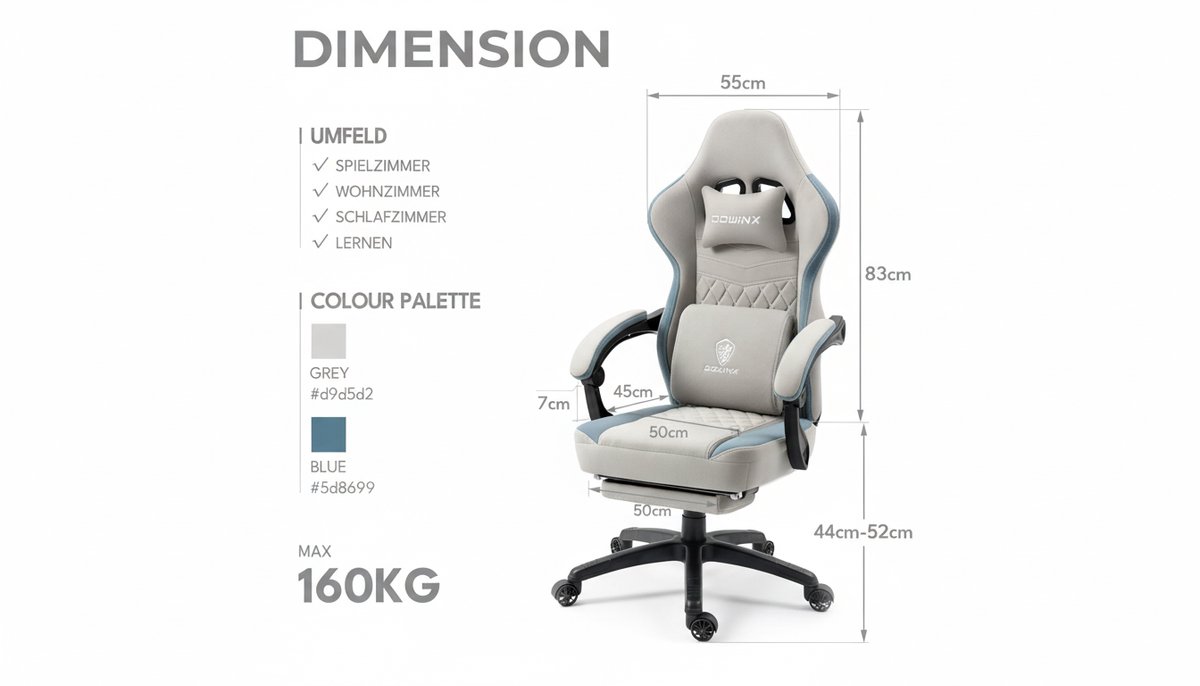 Gamingstoel Casa Velluto MaxComfort Pro – Ergonomische racestoel met pocketveringkussen, massagefunctie, voetensteun, verstelbare lenden- & hoofdsteun, 150 kg, grijs