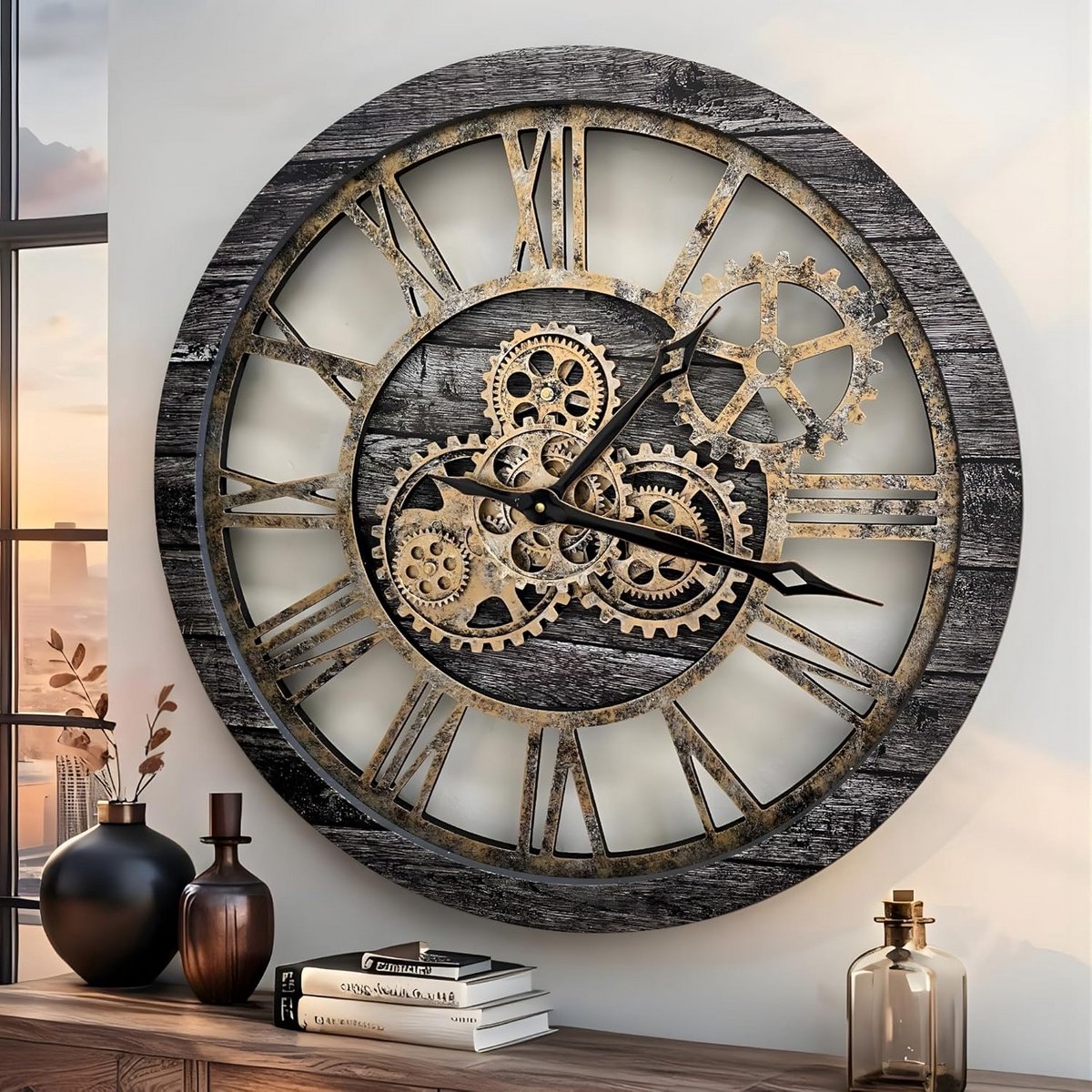 Grote Wandklok met Zichtbare Draaiende Tandwielen Industrieel Rustiek Design