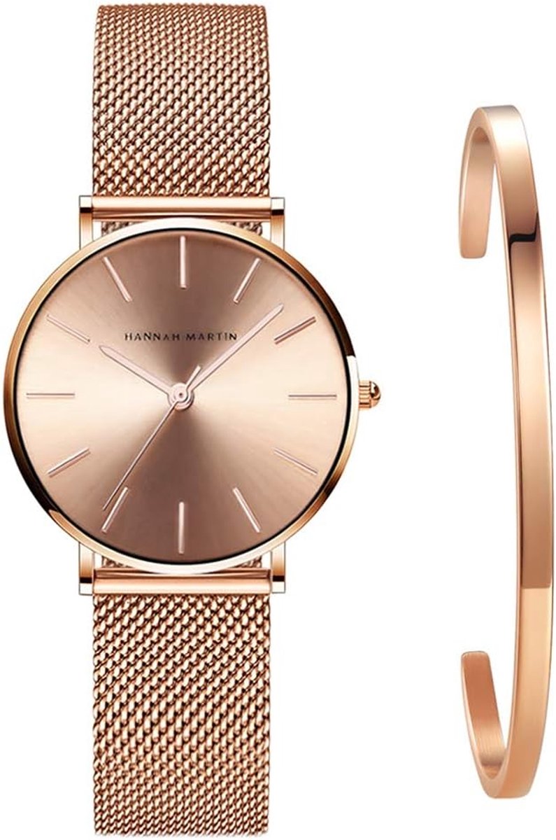 Dames Horloge Set met Minimalistisch Quartz Analoog Horloge en Roestvrijstalen Armband