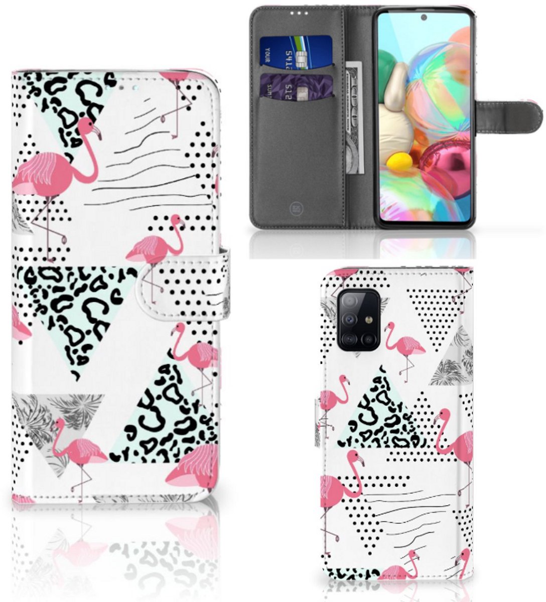 Book Case voor Samsung Galaxy A71 Telefoonhoesje met Pasjes Flamingo Triangle