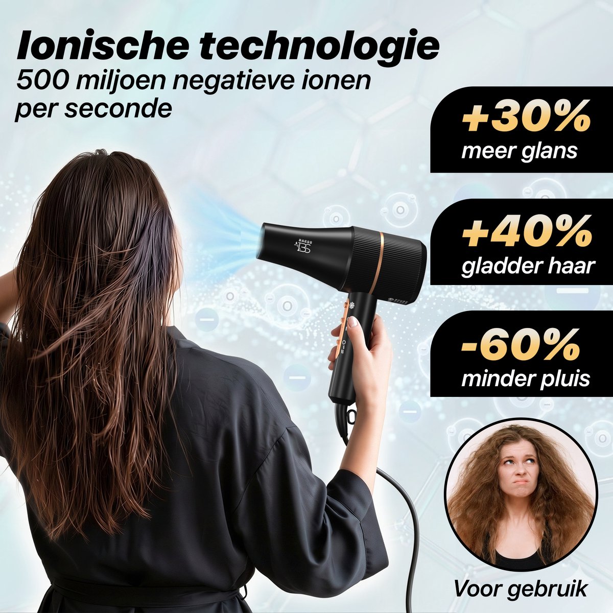 BAESS Föhn met Diffuser - 5 Standen - Ionische Haardroger met Borstel - Retro Haarföhn - Krullen - Hair dryer - Zwart thumbnail 6