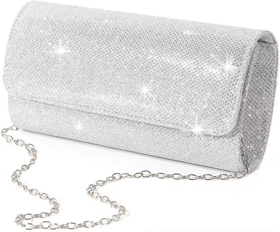 Pochette Femme avec Chaîne d'Épaule – Sac de Soirée Paillettes / Sac de Fête pour Mariage, Gala, Cocktail & Sorties – Argenté