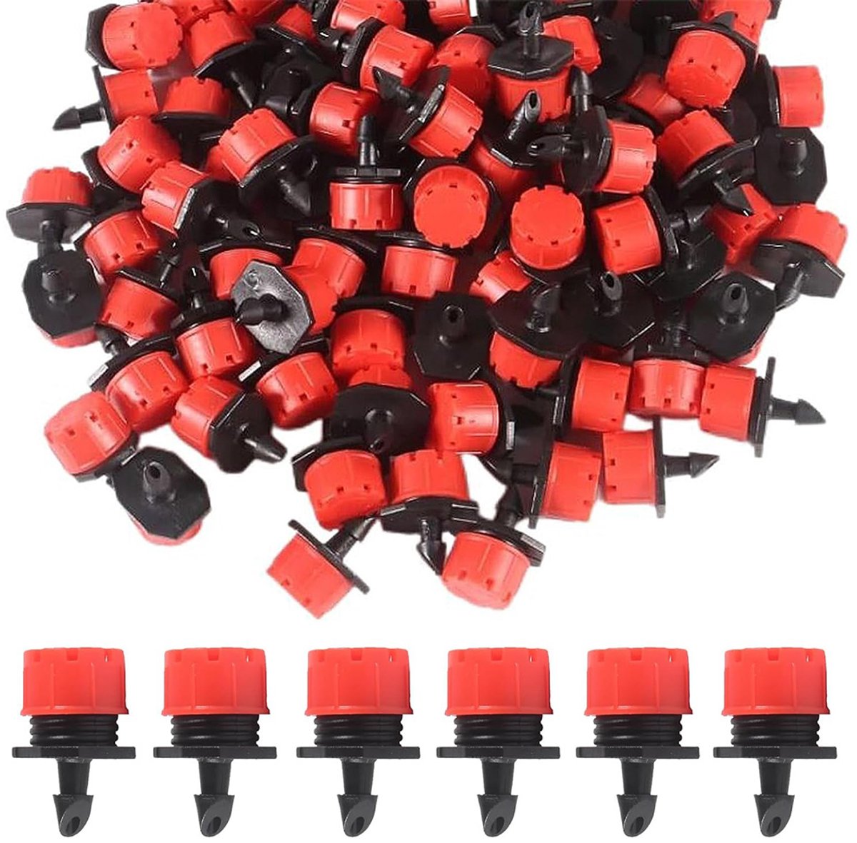 Automatische Irrigatie Druppelaars - Irrigatie Sproeiers - 360 Graden Verstelbare Spuitmond - Irrigatiesysteem Accessoires - voor 4/7mm Verbindingsstuk - voor Bloembedden, Gazon, Kas - Rood en Zwart - Kunststof - 200 Stuks
