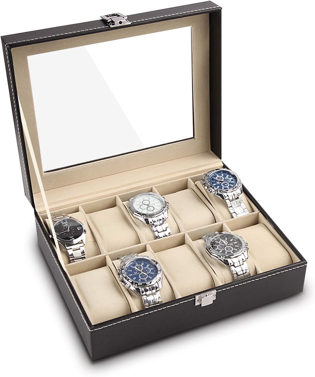 Luxe Horlogedoos voor 20 Stuks - Afsluitbare Sieradenkist met Rooster en Uitneembare Kussens - Kunstleer Zwart