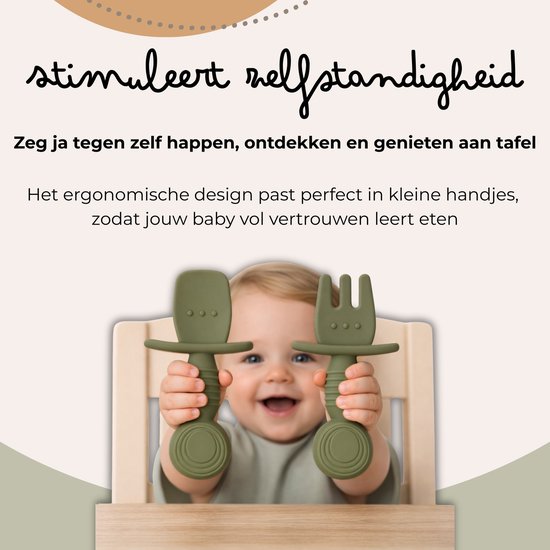 Jikkies® - Siliconen Kinderbestek Set - Baby Bestek - Lepel & Vork - Olijf Groen - Veilig - Duurzaam - Kindvriendelijk - 100% Siliconen - Vaatwasserbestendig - Magnetronbestendig - Oefenbestek - Ergonomisch Bestek van Jikkies — afbeelding 4