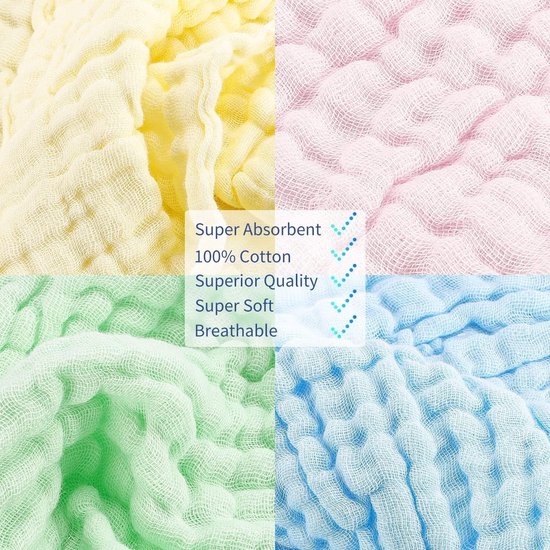 Katoenen doeken set voor baby en kind - 10 stuks, 25 x 25 cm, zachte mousseline van Merkloos — afbeelding 2