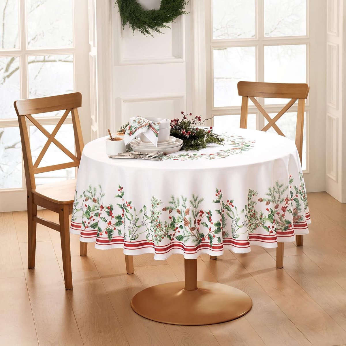 Kerst Tafelkleed met Berries en Franje - Decoratief 60x84 Inch Oval Multicolor