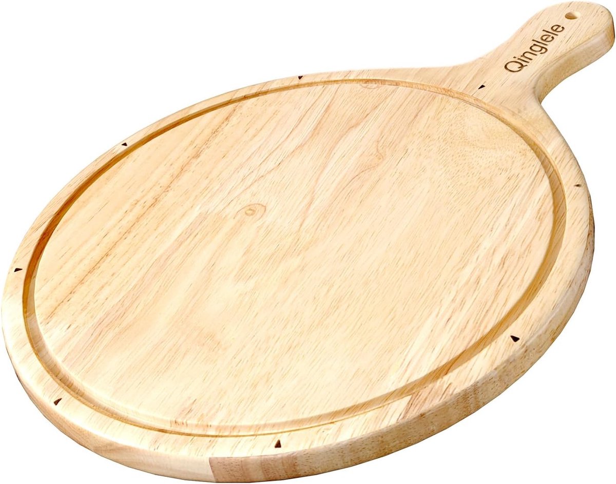 Houten Pizzabord met Handvat - Ronde Pizza-Snijplank van Rubberhout, 30,5 cm Diameter